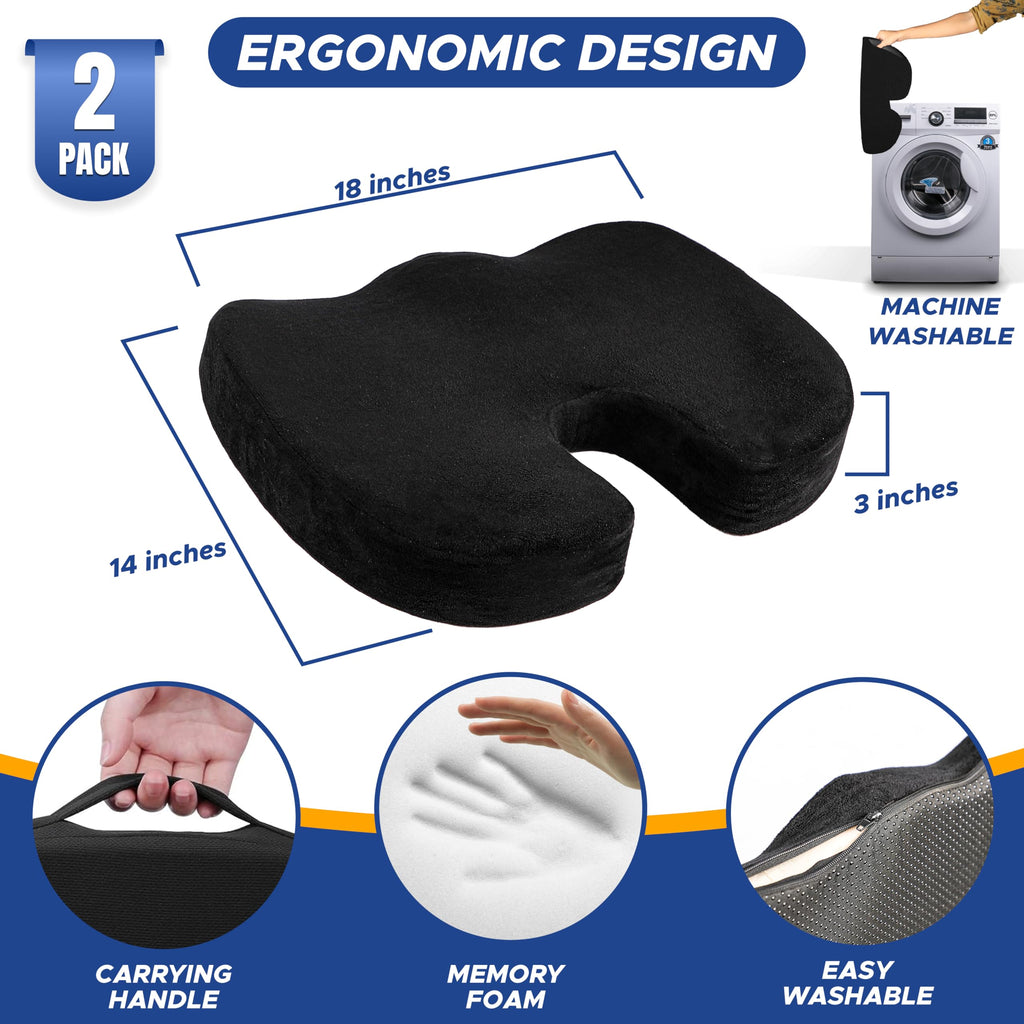 EcoNour Thick Seat Cushions for Tailbone Pain Relief (2 Pack) | Orthopedic Desk Chair Cushion for Office, Gaming Chair & Car Seat | Sciatica & Coccyx & Tail Bone Pain Relief for Long Sitting Elderly