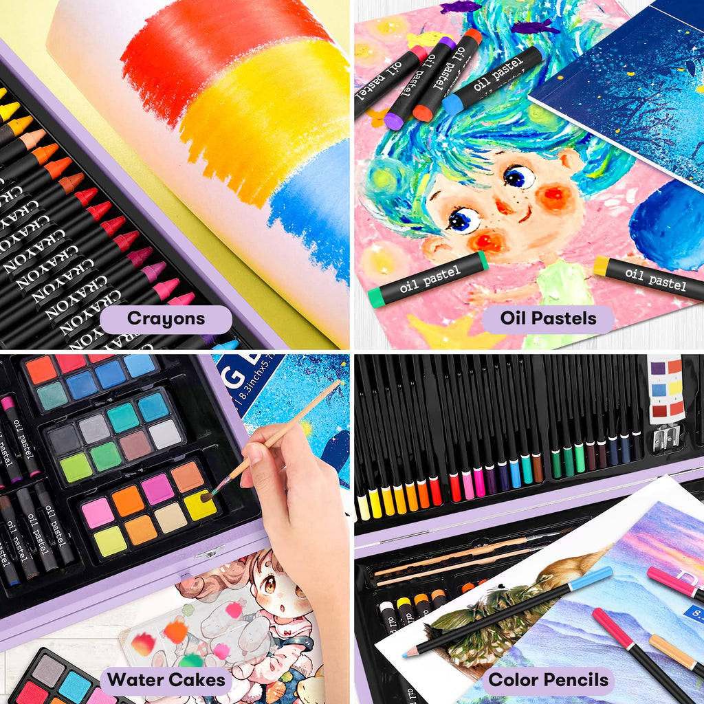 iBayam Stocking Stuffers for Kids Teens Adults, Birthday Party Art Supplies, Christmas Gifts for Teenagers, 150-Pack Wooden Art Set Crafts Drawing Painting Kit with 1 Coloring Book, 2 Sketch Pads