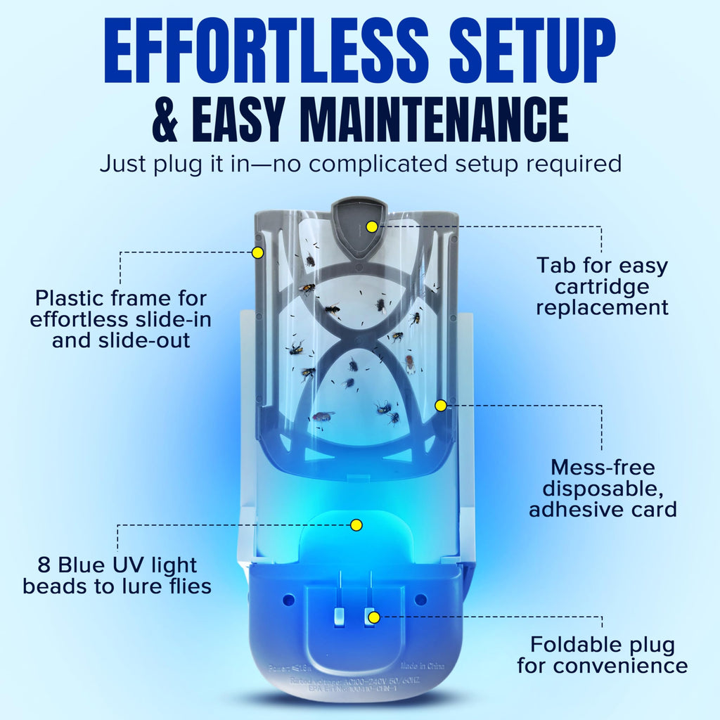 Zaperly 2 Fruit Fly Traps & 10 Adhesive Cartridges, Indoor Plug-in Bug Catcher, UV Light Fly Trap Captures Fruit Flies, Gnats, Houseflies, Moths, and Flying Insects for Kitchen, Bathroom, Plant Areas