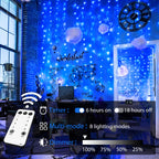 JMEXSUSS 300LED Blue Curtain Lights, Christmas Curtain Hanging Lights with Remote, Blue String Lights for Bedroom Wall Window Backdrop Garden Christmas Indoor Outdoor Decorations