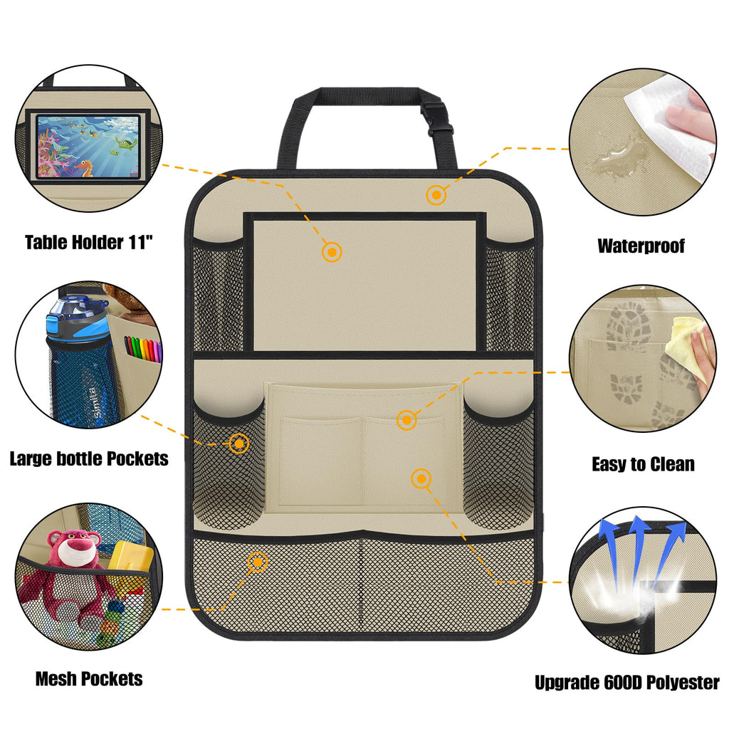 ULEEKA Car Backseat Organizer with 11" Table Holder, 10 Storage Pockets Seat Back Protectors Kick Mats for Kids Toddlers, Travel Accessories, 2 Pack, Beige