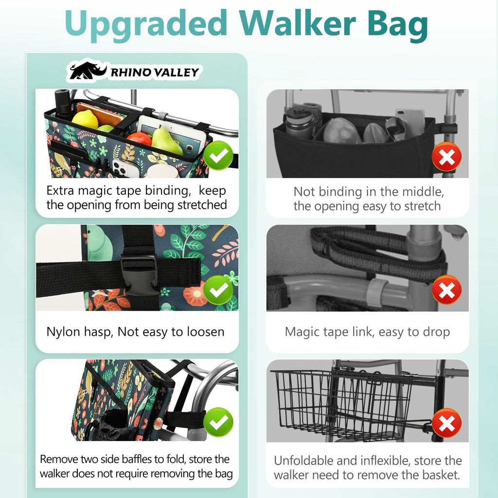 Rhino Valley Walker Bag, Multi Pockets Folding Walker Basket Tote Bag with Cup Holder, Hand-Free Carry Pouch Storage Bag for Universal Walkers, Large Capacity Organizer for Seniors Elderly, Birds