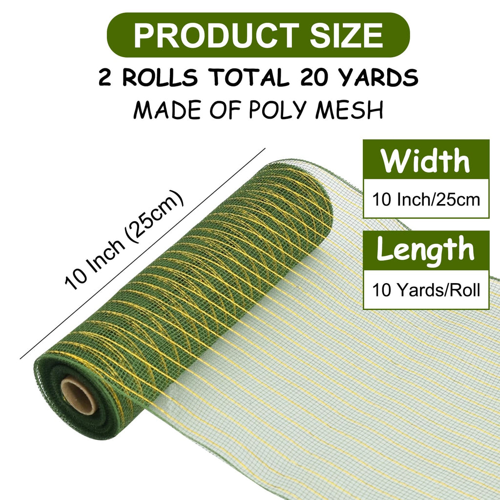 TONIFUL 2 Rolls 10 Inch Sage Green Decorative Mesh Ribbbon Rolls, Fabric Mesh with Foil for Mesh Wreath Supplies, Front Door Wreath Tree Decor Christmas NewYears Halloween Decoration (10 yds/roll)