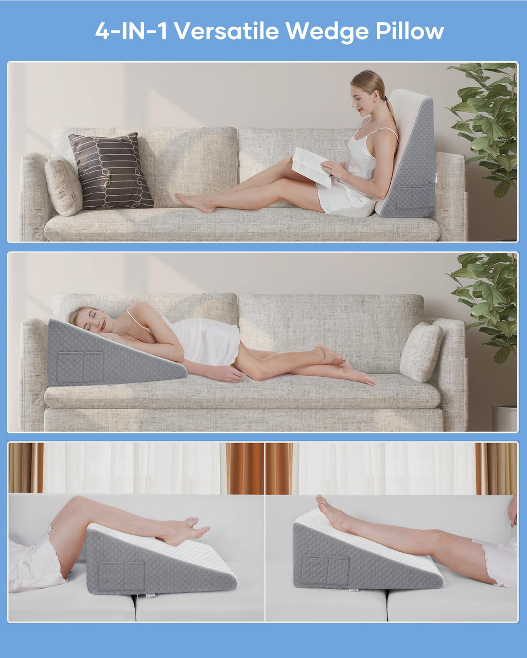 Forias Wedge Pillow 12" Bed Wedge Pillow for Sleeping Wedge Pillow for After Surgery Triangle Pillow Wedge for Acid Reflux Snoring Heartburn Back Pain, Machine Wash Cover | Memory Foam Top