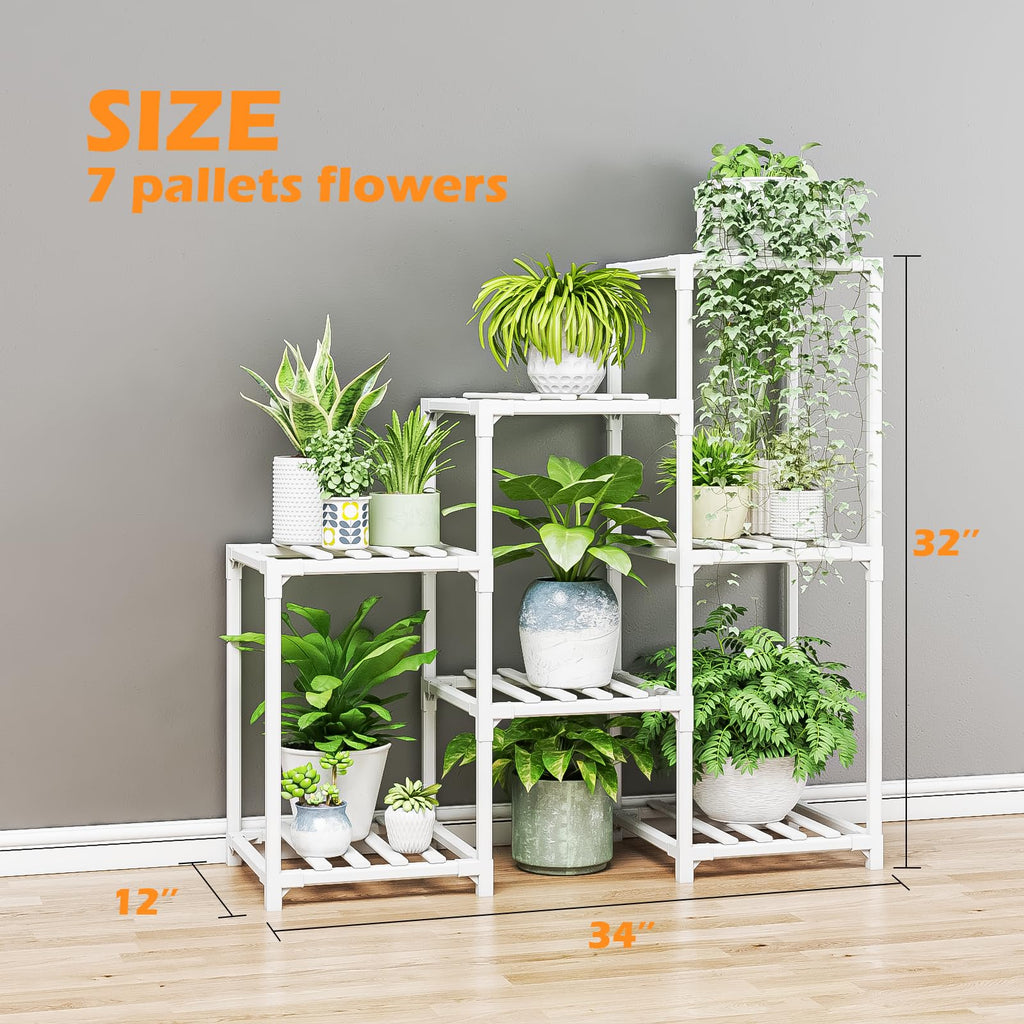 Bamworld Indoor Plant Stand Outdoor White Shelf Bamboo Tiered Table for Multiple Plants 3 Tiers 7 Potted Ladder Holder Pot Window Garden Balcony Living Room
