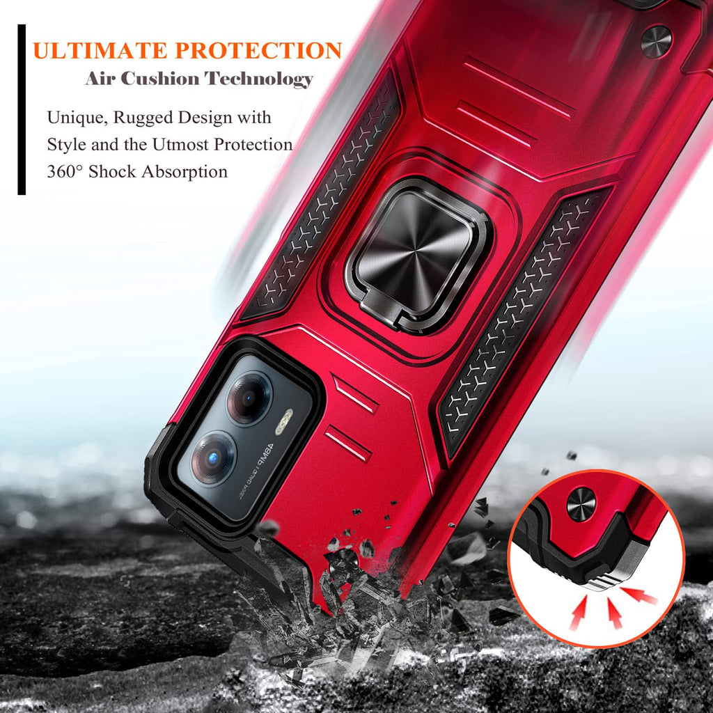 WDHD Compatible with Motorola Moto G 5G (2023) Case with Tempered Glass Screen Protector (Maximum Coverage), Full-Body Protective, Magnetic Car Mount Ring Holder, Heavy-Duty Case (Red)