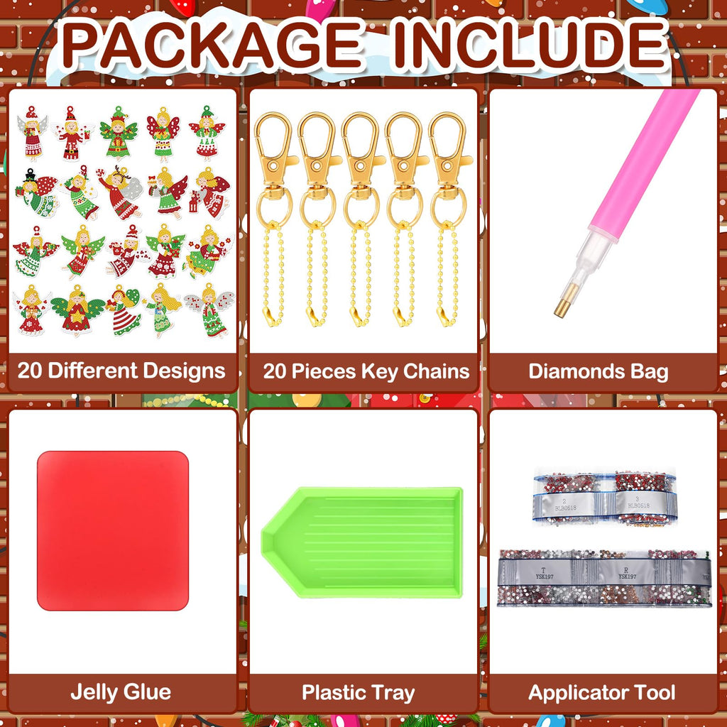20 Pcs Christmas Diamond Painting Keychain Kits with Christmas Angels Fairy Diamond Painting Keychain Cute Hanging Diamond Painting Keychains Drill Diamond Painting Key Chains for Kids DIY Ornaments