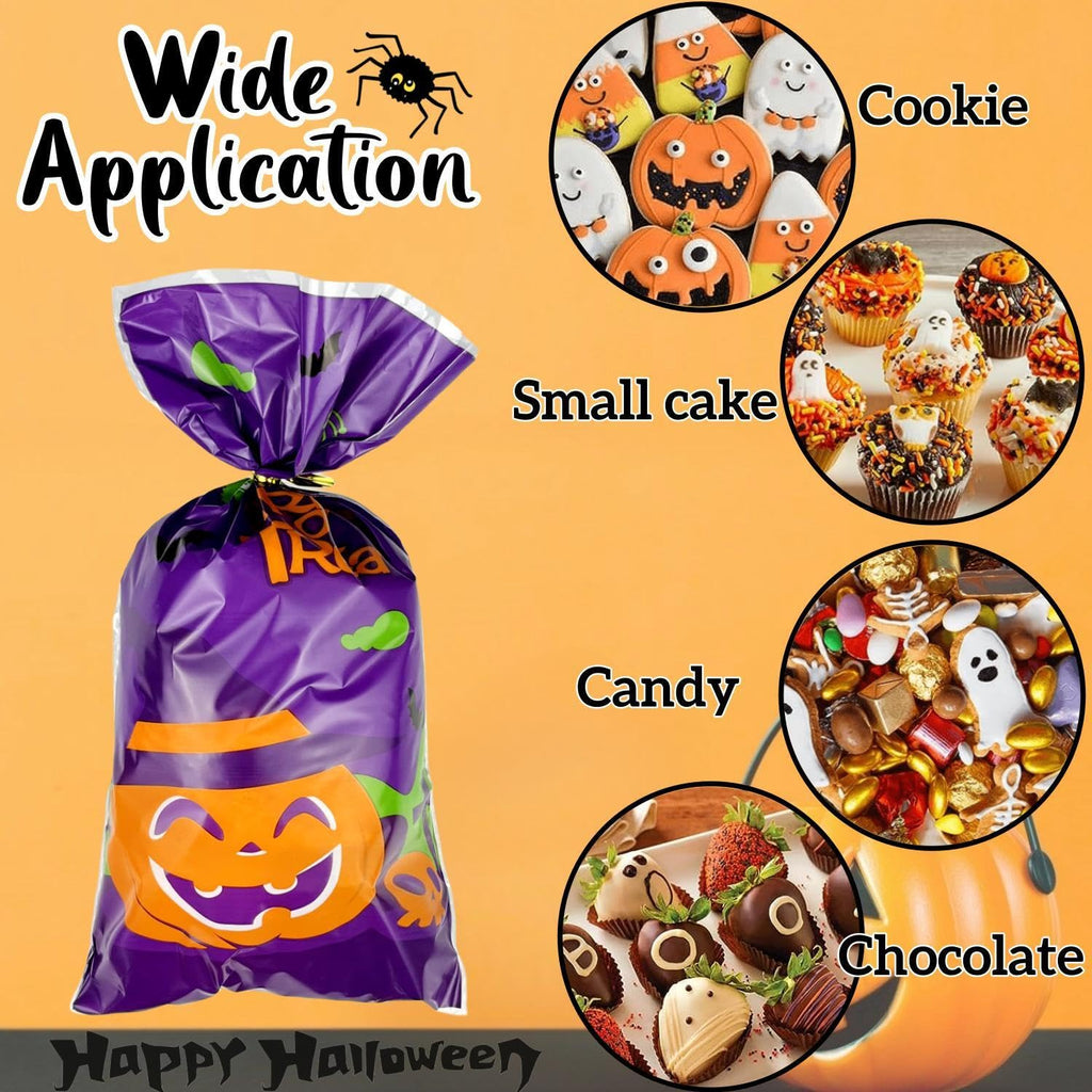 VOVEA Halloween Treat Bags, 100PCS Halloween Goodie Bags Candy Bags with Twist Ties, Trick or Treat Bags, Cute Halloween Cookies Gift Bags for Halloween Party Supplies Favors