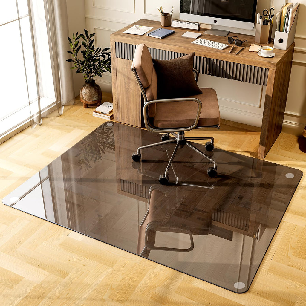 GLSLAND Office Chair Mat, 36" x 46" Grey Tempered Glass Floor Mat for Office Chair on Carpet, 1/5" Thick Computer Floor Mat with 4 Anti-Slip Pads