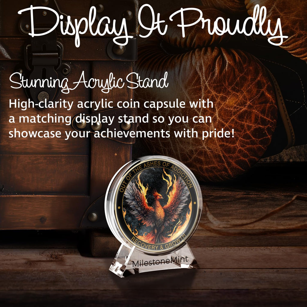 MilestoneMint Phoenix Sobriety Coin | AA Chip Medallion Gift Set with Coin Capsule, Display Stand & Card for Sober Men & Women in Recovery | Sobriety Gifts for Anniversary Month & Year