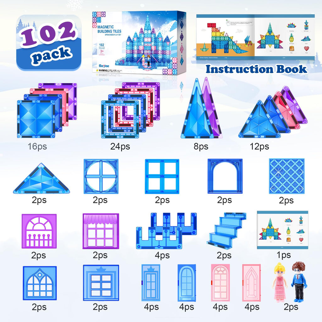 Frozen Toys for Girls Magnetic Tiles 102pcs with 2 Stairs 2 Dolls Princess Castle Building Toys Girls Toys Age 4-5 6-8 Magnetic Blocks Birthday Xmas Gifts for Girls Toys for 3 4 5 6 7 8+ Year Old