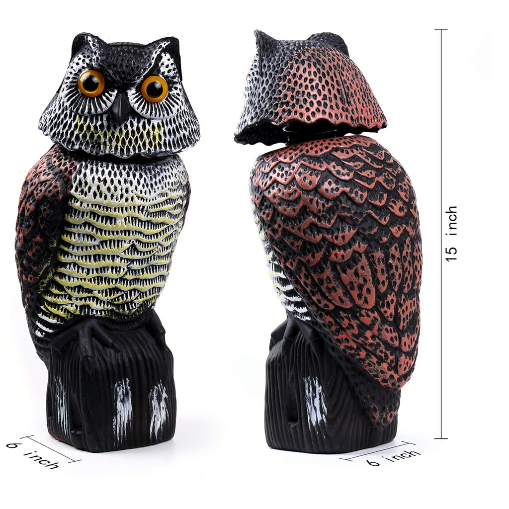 Hedoc 2 Pack Fake Owl Decoys to Scare Birds Away(15 inch), Rotating Head Sculptures, Nature Enemy Scarecrow Plastic Statues, Pest Repellent,Pigeon Deterrent Outdoor Yard, Garden Protectors