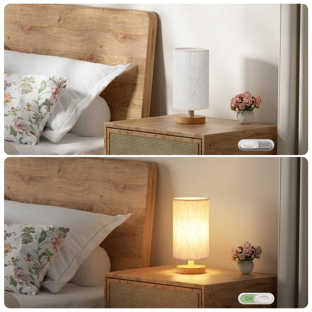 Small Table Lamp for Bedroom - Inline Control, Bedside Lamp with 3000K A15 LED Blub, Easy Assembly (Cream Shade - Wood Base, 9" Inline Control)