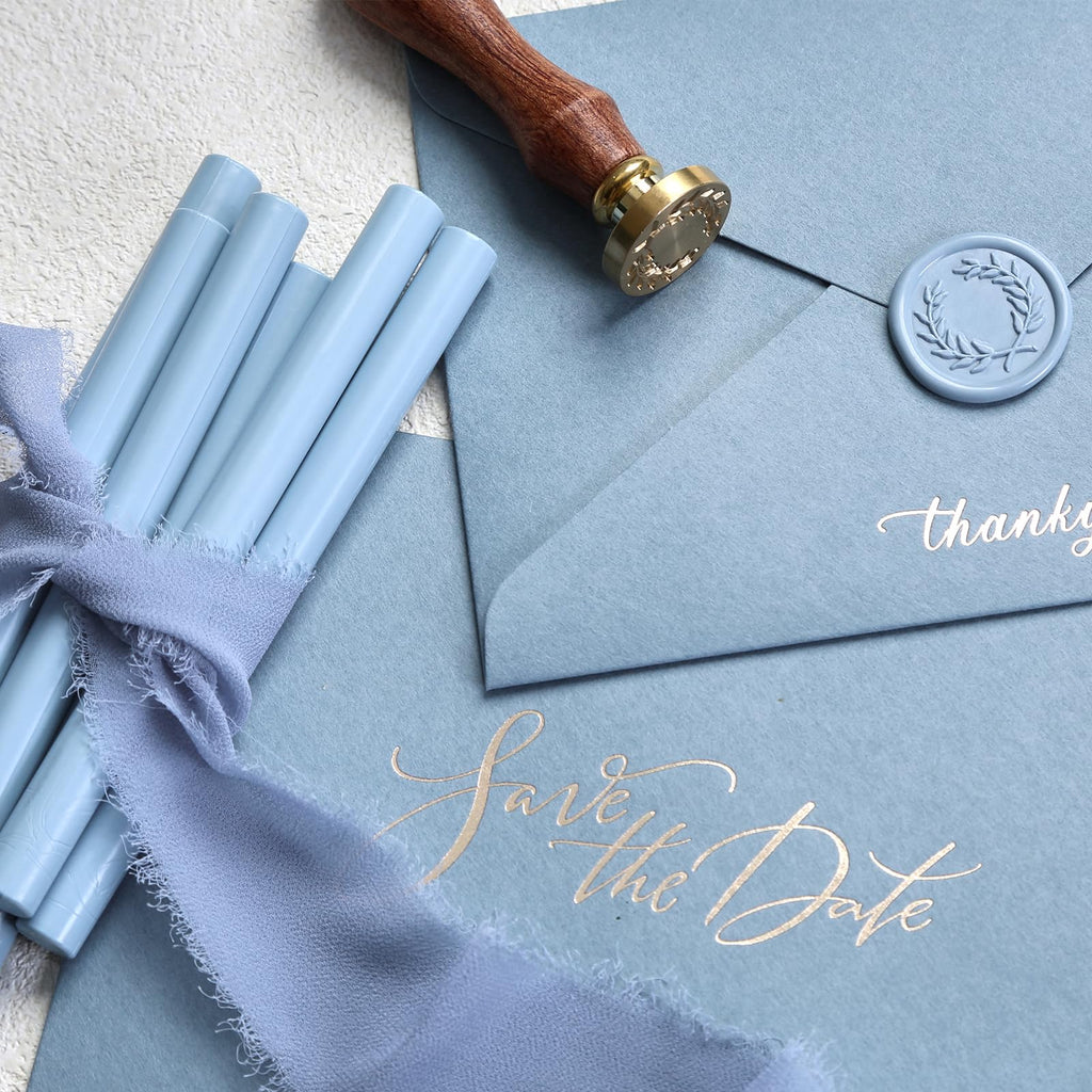 UNIQOOO Light Dusty Blue Glue Gun Sealing Wax Sticks for Wax Seal Stamp - Perfect for Wedding Invitations, Cards Envelopes, Snail Mails, Wine Packages, Christmas Gift Ideas, Pack of 8