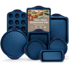 BAKKEN Kitchen Baking Pan Set - Nonstick Coating, Carbon Steel Bakeware Sets with Blue Silicone Handles, Baking Kitchen Essentials, PFOA, PFOS, PTFE Free, Oven Safe Tray (Up To 450° F), Set of 8
