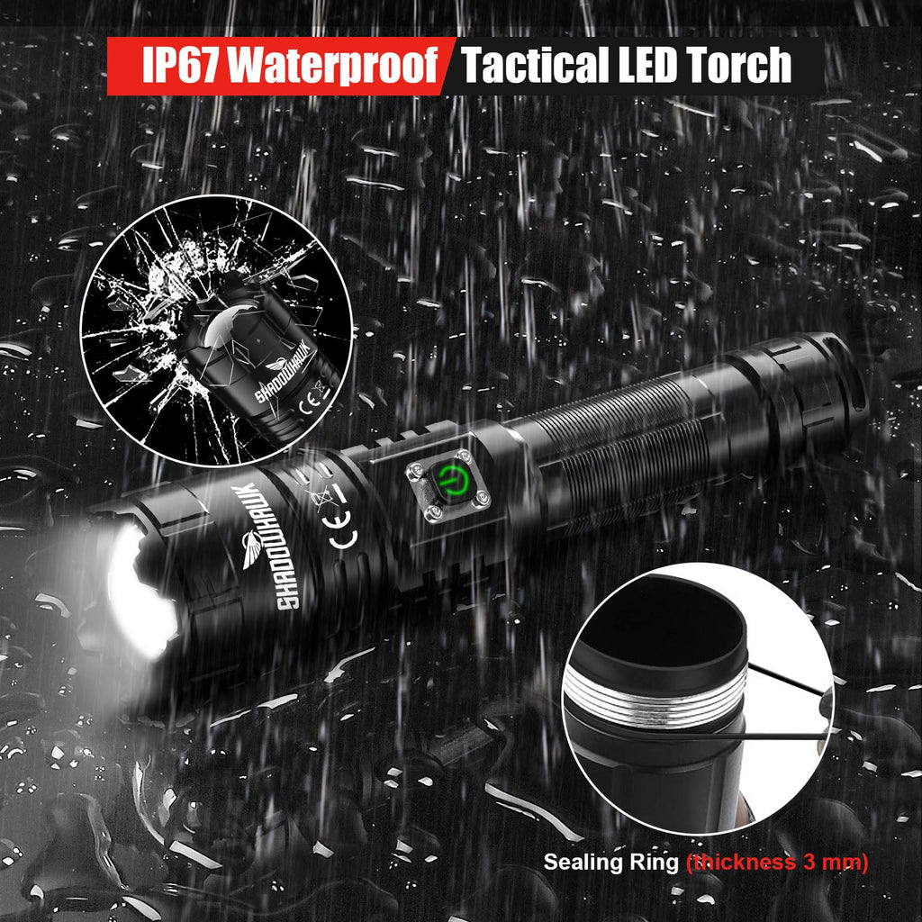 SHADOWHAWK Torches LED Super Bright, 30000 Lumens Rechargeable LED Torch, USB Tactical Flashlight, XHP70.2, IP67 Waterproof, 5 Light Modes Zoomable, for Camping Hiking Emergency
