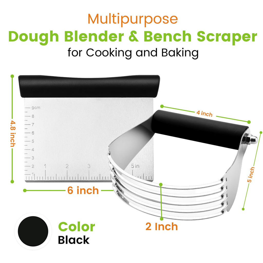 Spring Chef Dough Blender & Pastry Cutter Tool, Stainless Steel Pastry Blender & Bench Scraper for Pizza, Nut, Pie - Multipurpose Dough Cutter & Scraper Tool for Baking with Soft Grip Handles - Black