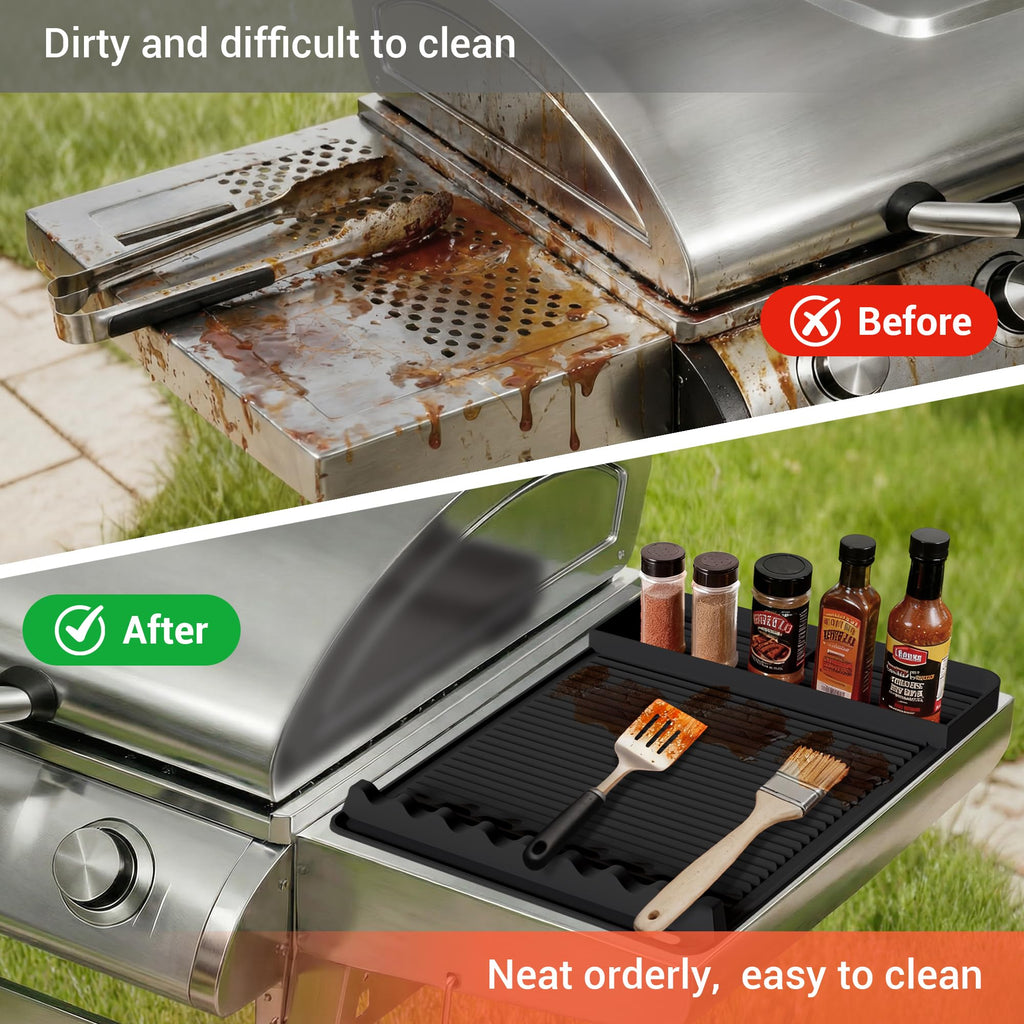 WZGUSXN 2Pack Silicone Grill Mat for Blackstone - 16x11.5 Inch Non-Slip Tool Mat with Sauce Drip Pad & Wavy Grip, Outdoor BBQ Accessories & Gifts for Men, Dad, Grilling (Black)