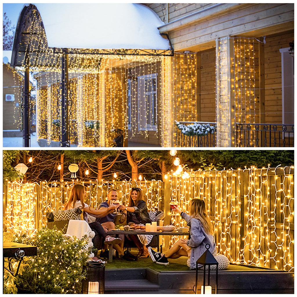 JMEXSUSS 900LED Outdoor Christmas Curtain Lights, 9.5x29.5ft Christmas Lights Plug in with Remote, Indoor Christmas Hanging String Lights for Bedroom Wedding Backdrop Wall Xmas Decor, Warm White