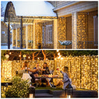 JMEXSUSS 900LED Outdoor Christmas Curtain Lights, 9.5x29.5ft Christmas Lights Plug in with Remote, Indoor Christmas Hanging String Lights for Bedroom Wedding Backdrop Wall Xmas Decor, Warm White