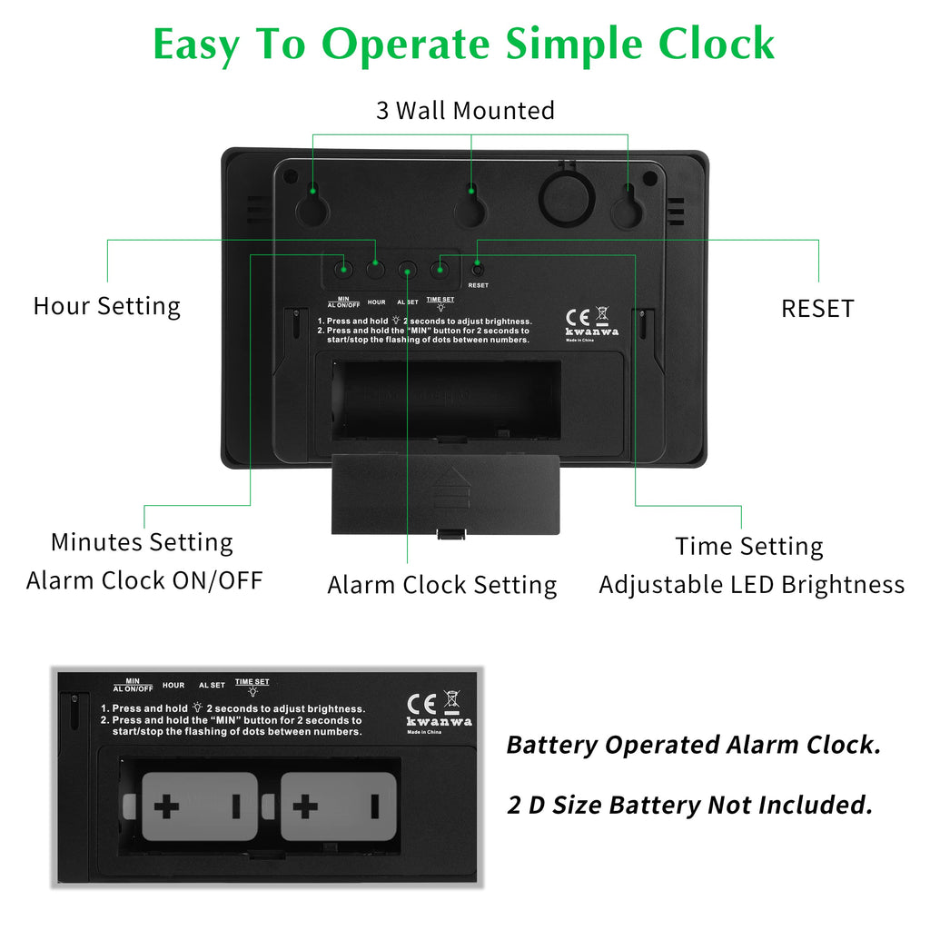 KWANWA Alarm Clock, 8" Large Screen Display, Digital Clock, Battery Operated, Auto Dimmer Mode,Wall Clock&Desk Clock for Bedroom, Office, Living Room, Elderly