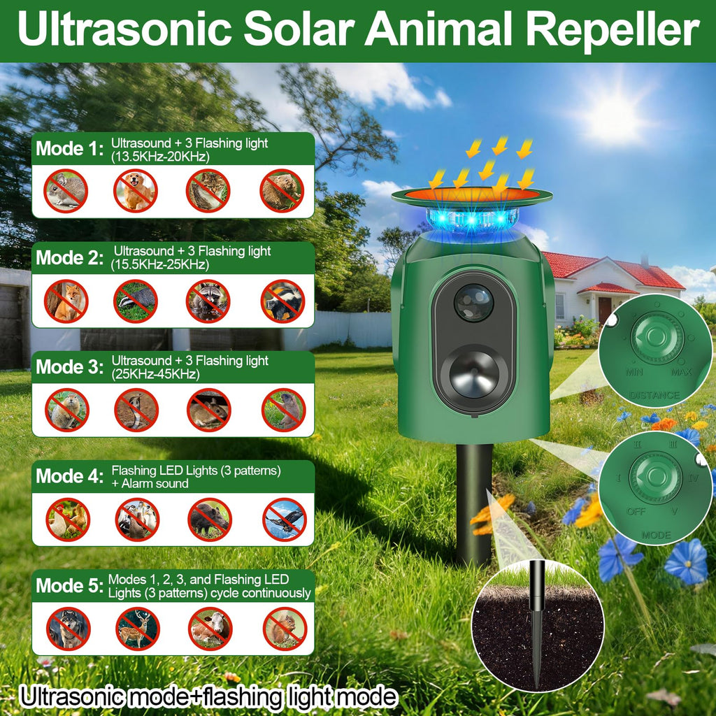 Ultrasonic Animal Repeller Outdoor - Cat Repellent Outdoor & Deer Deterrent with PIR Sensor, Solar Powered for 360° Protection Against Cats, Deer, Squirrels, Raccoons, Rabbits in Garden, Yard, Farm