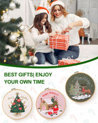 Santune Embroidery Kit - 3pcs Christmas Embroidery Patterns for Beginners with Instructions Cross Stitch Kits for Adults with 1 Embroidery Hoops, Color Threads and Needles, Good Hobbies for Women