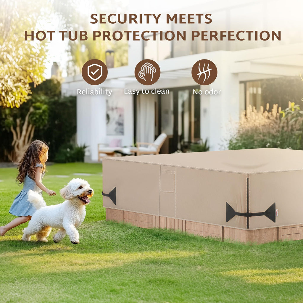 iBirdie Outdoor Waterproof and Weatherproof Hot Tub Cover 85 x 85 inch fit 84 x 84 or 83 x 83 or 82 x 82 or 7 ft x 7 ft Square SPA 600D Heavy Duty Cover Protectors Protective Cap, Brown