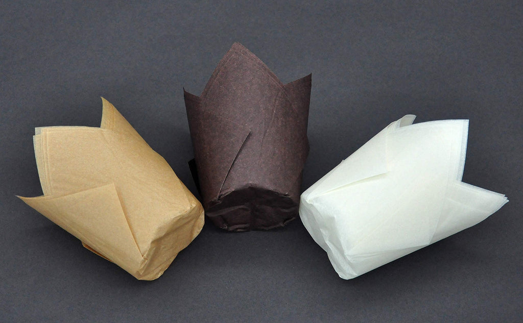 QLSmypkg Large Greaseproof paper Wrappers Muffin Baking cupcake cups liners, 2-1/4" x 4" Natural,Brown,White 3 colours in a box Tulip Baking Cups Holders 125 pcs (Large) (125, Multi 3)
