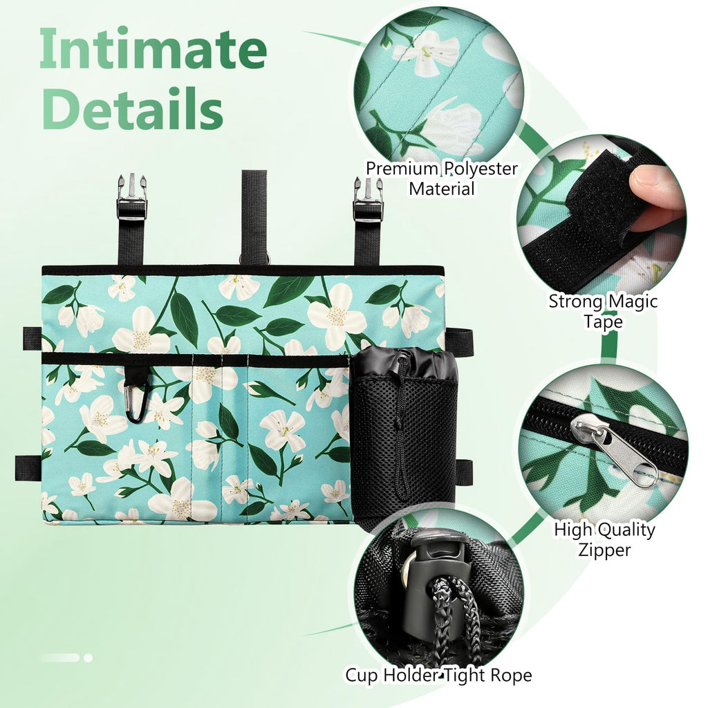 Rhino Valley Walker Bag, Multi Pockets Folding Walker Basket Tote Bag with Cup Holder, Hand-free Carry Pouch Storage Bag for Universal Walkers, Large Capacity Organizer for Seniors Elderly, Flower