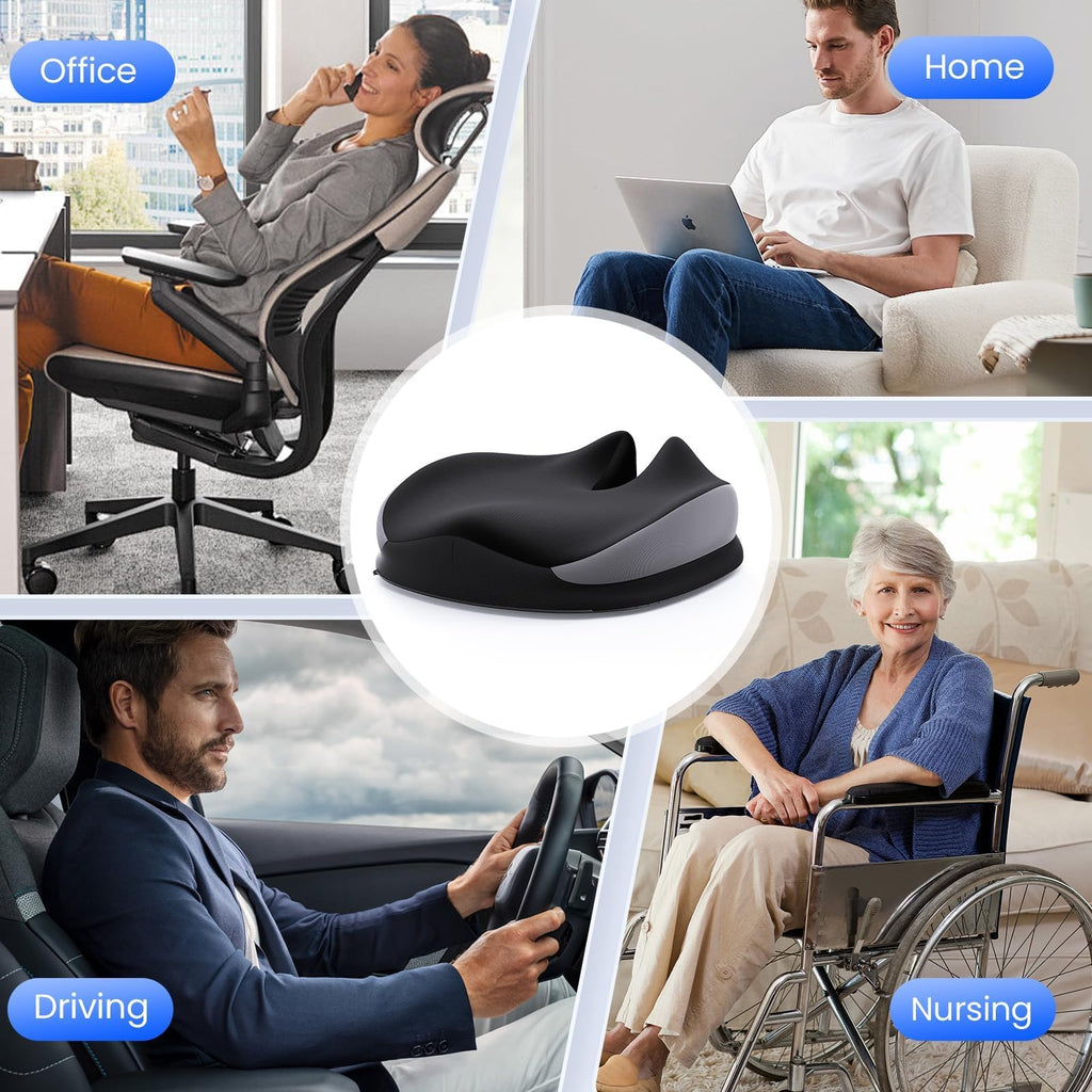 Benazcap Large Seat Cushion for Office Chair Memory Foam Coccyx Pain Relief Cushion Pillow for Back Support Non-Slip Seat Pad for Office Desk, Car Seat, Wheelchair, Sciatica-Black&Grey