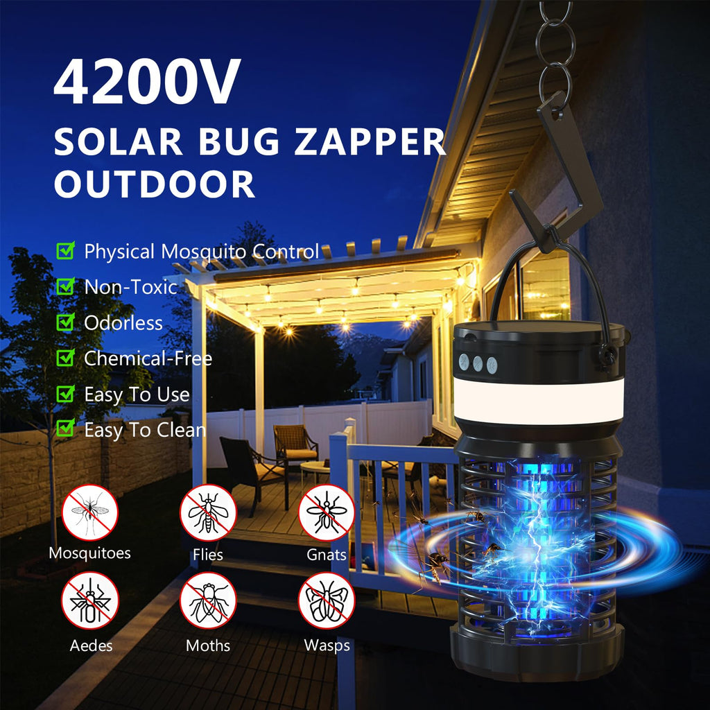 Solar Bug Zapper Outdoor,Cordless Rechargeable Mosquito Zapper, 4200V High Power,45000Hrs Working Life,IP66 Waterproof,Electric Fly Zapper Zapper for Outdoor Home Garden Patio Backyard