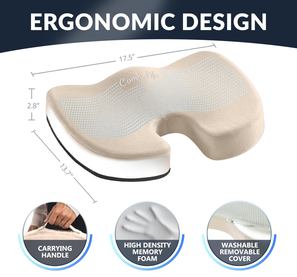 ComfiLife Premium Gel & Memory Foam Seat Cushion – Doctor Recommended Office Chair Cushion, Car Seat Cushion – Chair Cushions for Back & Sciatica Pain Relief – Seat Cushions for Office & Desk (Beige)