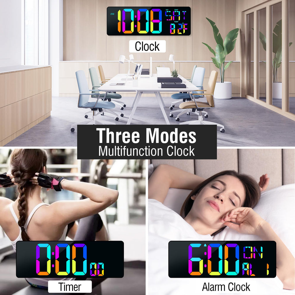 TXL Large 16.5" LED Digital Wall Clock, RGB Color Changing, Count Up/Down Timer Clock with Remote Control, Adjustable Brightness Alarm Clock for Home, Office, Gym, Elderly, Auto DST