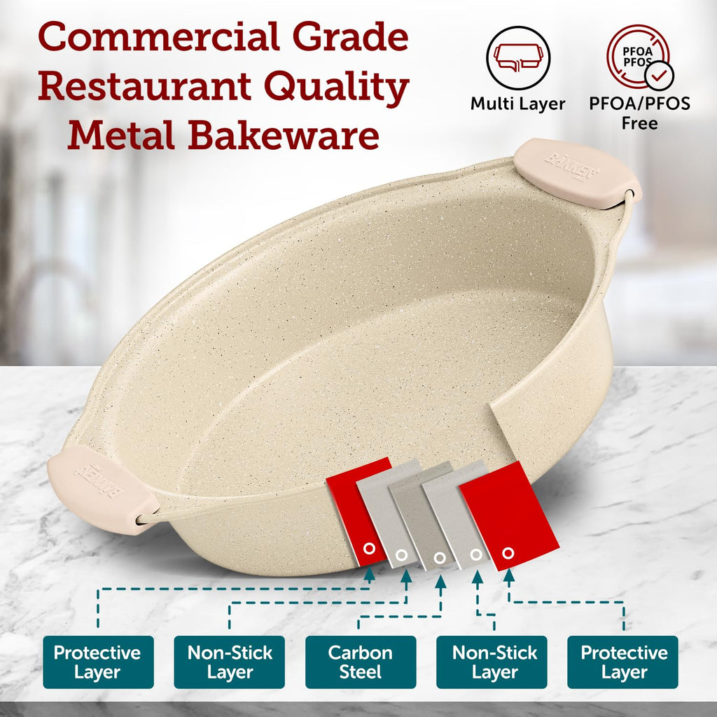 BAKKENMASTER Deluxe 8-Piece Carbon Steel Bakeware Set - Nonstick White Marble Coating, Silicone Handles - Professional Quality Kitchen Oven Baking Pans