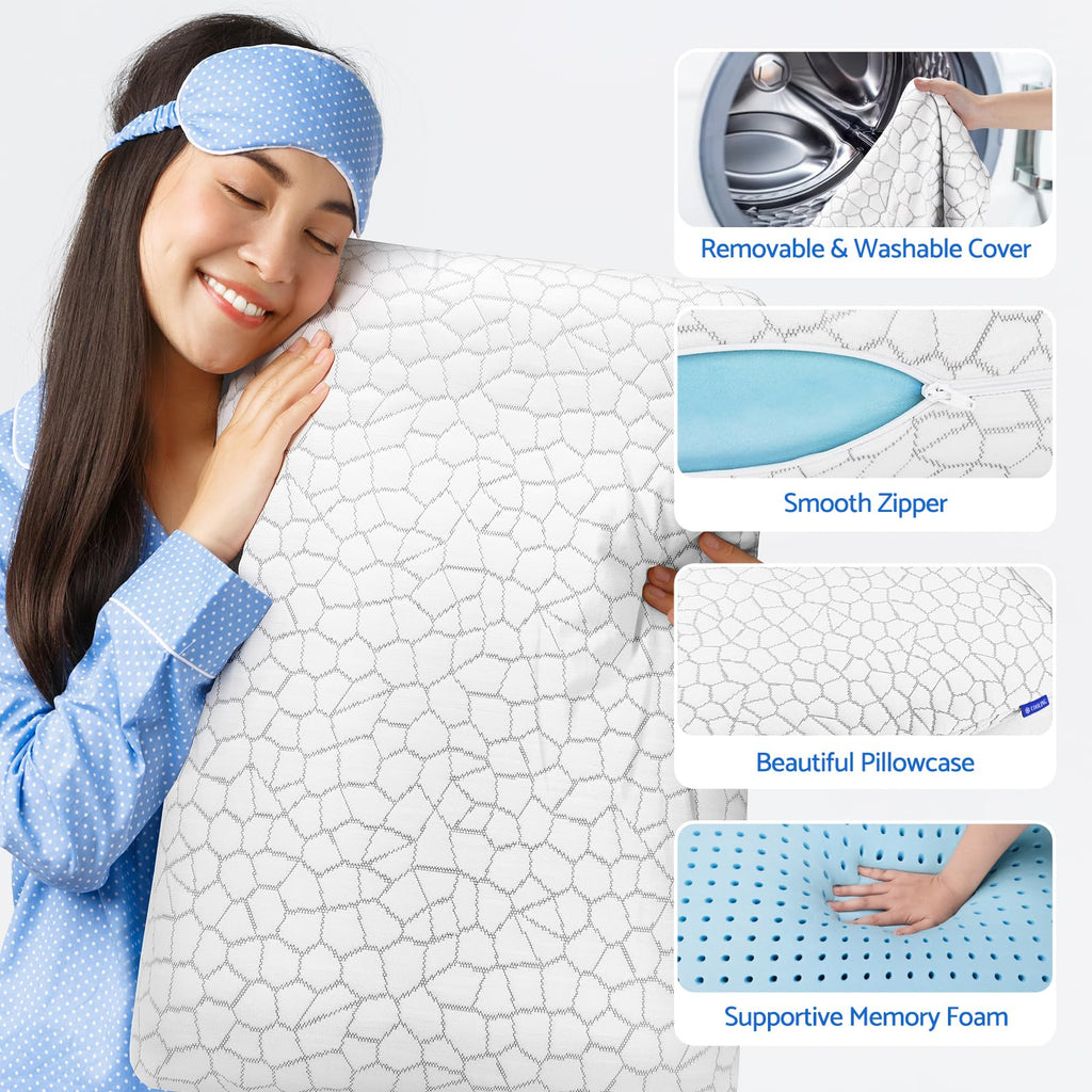 CushZone Memory Foam Pillows for Sleeping, Cooling Pillow with Removable and Machine Washable Cover, Bed Pillow for Side, Back and Stomach Sleepers, King Size (1 Pack)