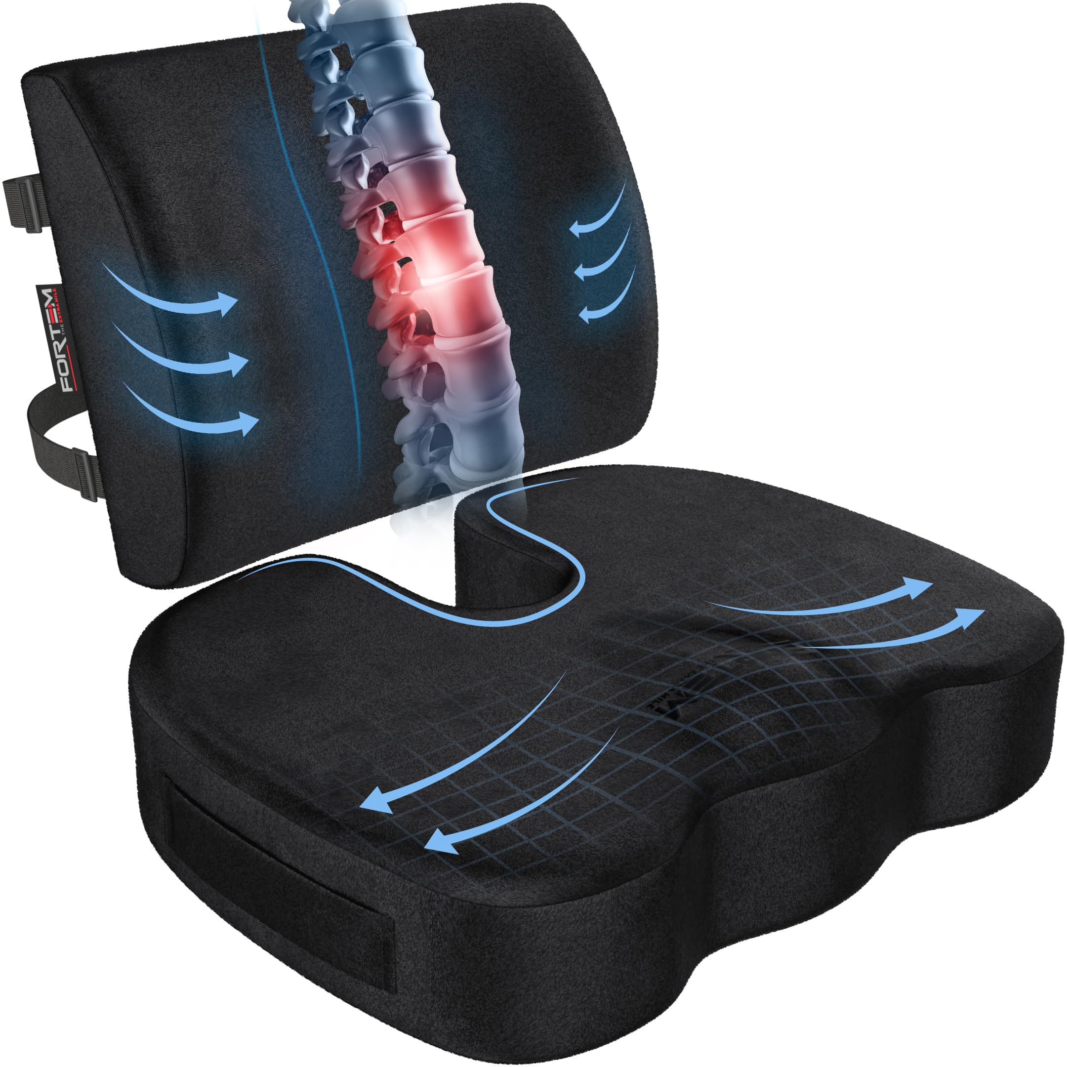 FORTEM Office Chair Cushion and Back Support for Office Chair, Lumbar Support Pillow, Memory Foam, Non Slip Sitting and Back Rest for Gaming, Car Seat Cushion, Chair Pad, XL
