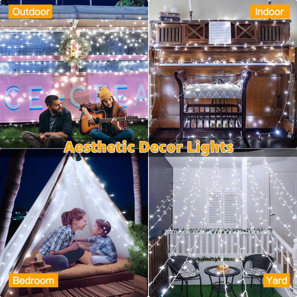 Ollny Christmas Lights 120LED 40FT, Cool White Fairy Lights Waterproof Connectable Timer, 8 Modes Plug in String Lights for Bedroom Outdoor Tree Indoor House Decorations