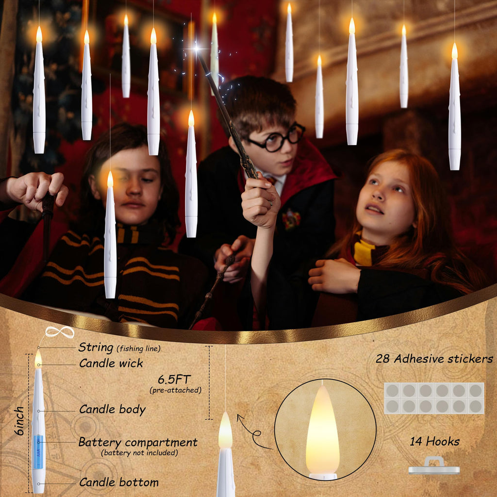 AFINETH Floating Candles with Wand, Magic Hanging Candles, Flickering Flameless Floating LED Candles, White Battery Operated Electric Taper Candles for Halloween Christmas Birthday Theme Party, 12 PCS