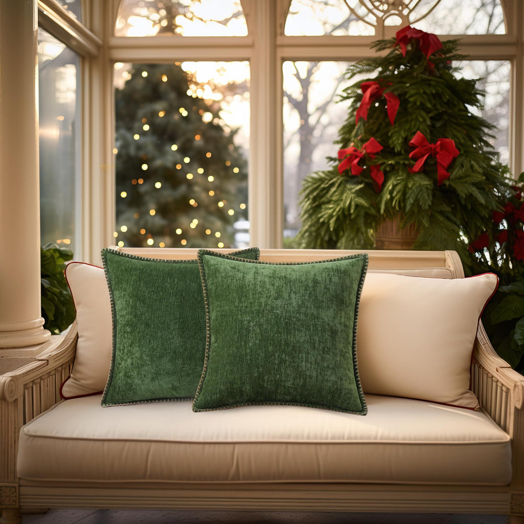 decorUhome Christmas Chenille Soft Throw Pillow Covers 24x24 Set of 2, Farmhouse Velvet Pillow Covers, Decorative Square Pillow Covers with Stitched Edge for Couch Sofa Bed, Forest Elf