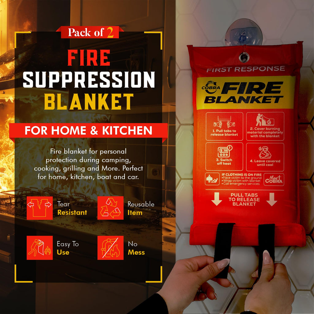Mart Cobra Emergency Fire Blanket for Home and Kitchen - 2 Pack - Fire Blankets Emergency for Home Safety 40” x 40” - Suppression Shield Retardant Extinguisher Fiberglass Welding Fireproof Cloth Towel