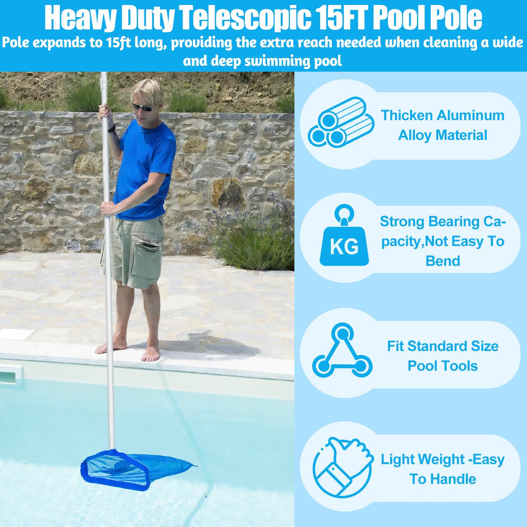 YEECHUN Professional 15 Foot Swimming Pool Pole Telescopic Aluminum Fits Pool Net Skimmer Rake Vacuum Head Brush Cleaning Equipment Heavy Duty,for Skimmer Nets, Vacuum Heads and Brushes