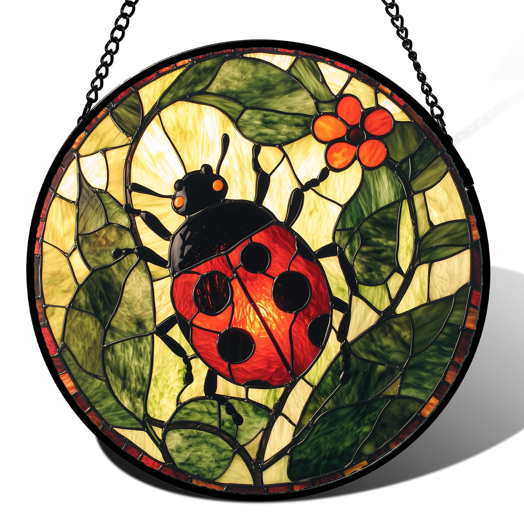AMDERVEN Stained Glass Window Hanging - Red Ladybug Green Plant Flower Sun Catcher for Door Home Decor Insect Suncatcher Christmas Mother's Day Birthday Gifts for Women Men Mom Nana 6.3 in