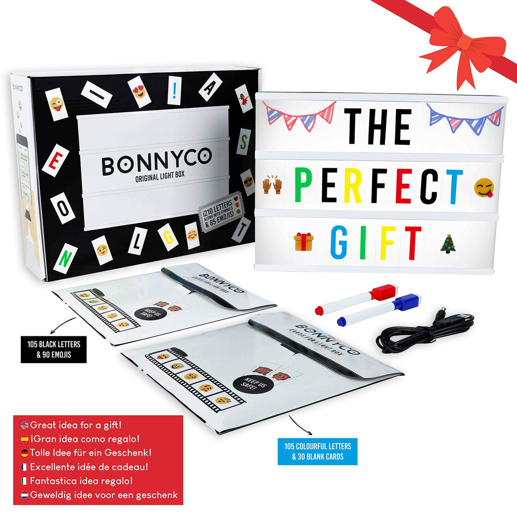 Cinema Light Box with 400 Letters, Symbols & Emojis & 2 Markers, USB Included - BONNYCO | Led Light Box Home Decor, Room Decor | Light Up Sign Novelty Gifts Christmas & Birthdays | Marquee Light Box