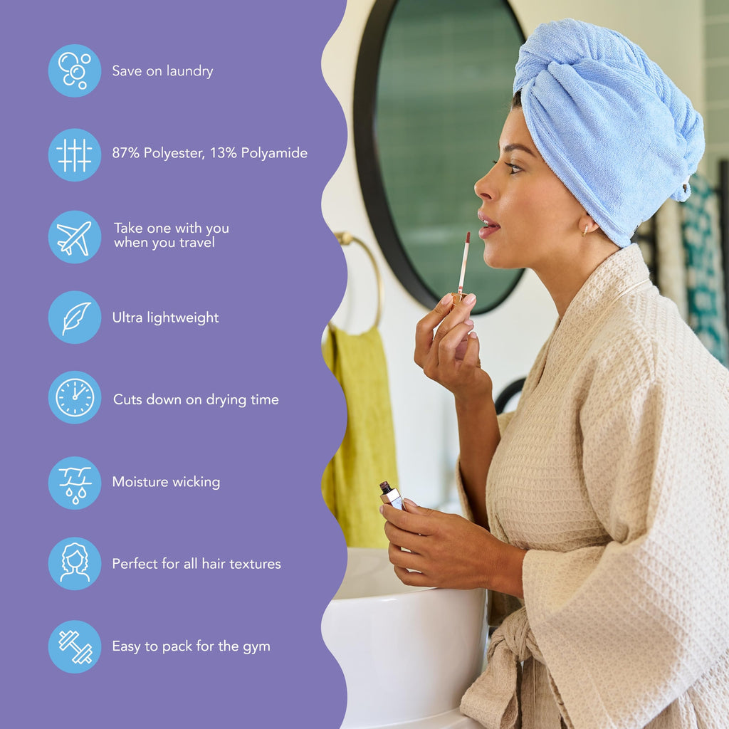 Turbie Twist Microfiber Hair Towel Wrap - for Women, Men & Kids - Travel & Bathroom Essential - Quick Dry Hair Turban for Curly, Long & Thick Hair - 2 Pack (Grey, Blue)