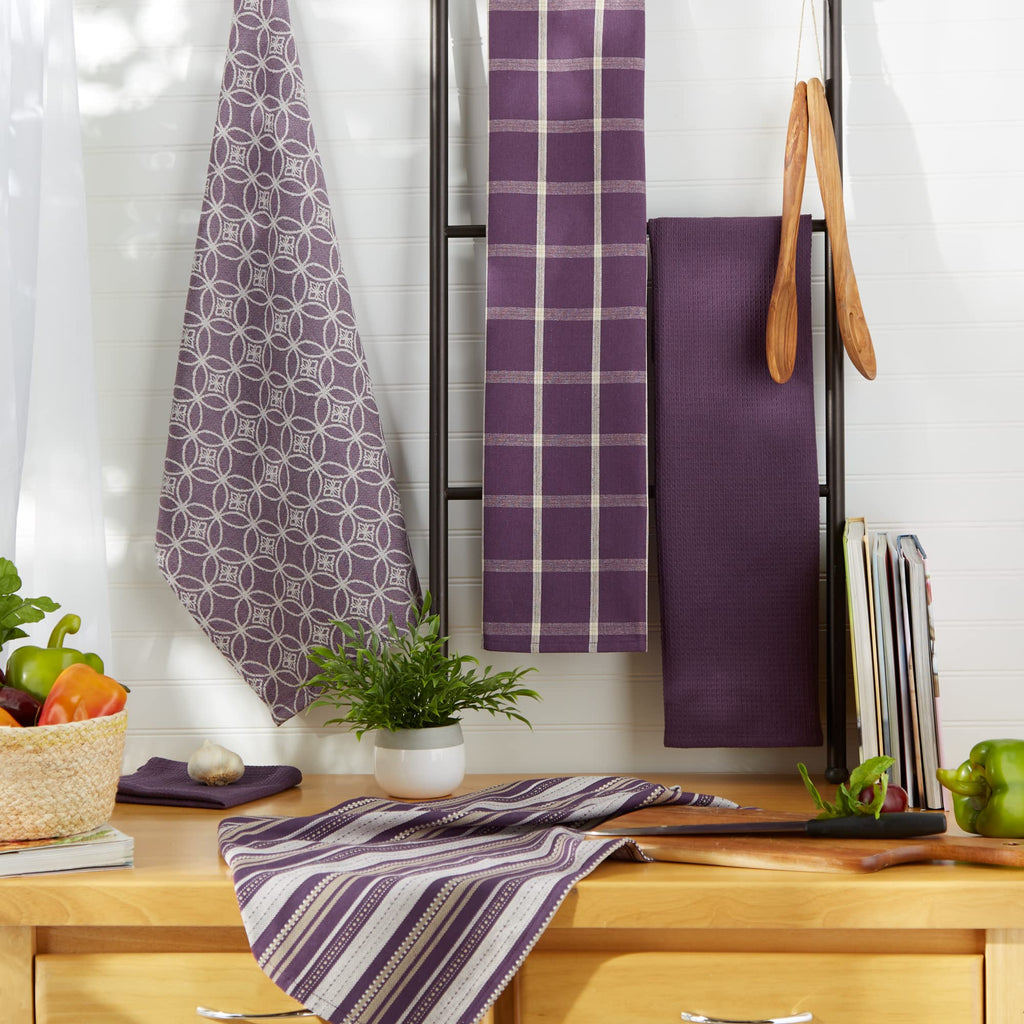 DII Assorted Woven Kitchen Set, Dishtowel, 18x28, Dishcloth, 13x13, Eggplant, 5 Piece