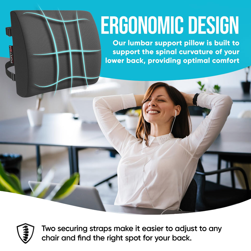 FORTEM Office Chair Cushion and Back Support for Office Chair, Lumbar Support Pillow, Memory Foam, Non Slip Sitting and Back Rest for Gaming, Car Seat Cushion, Chair Pad