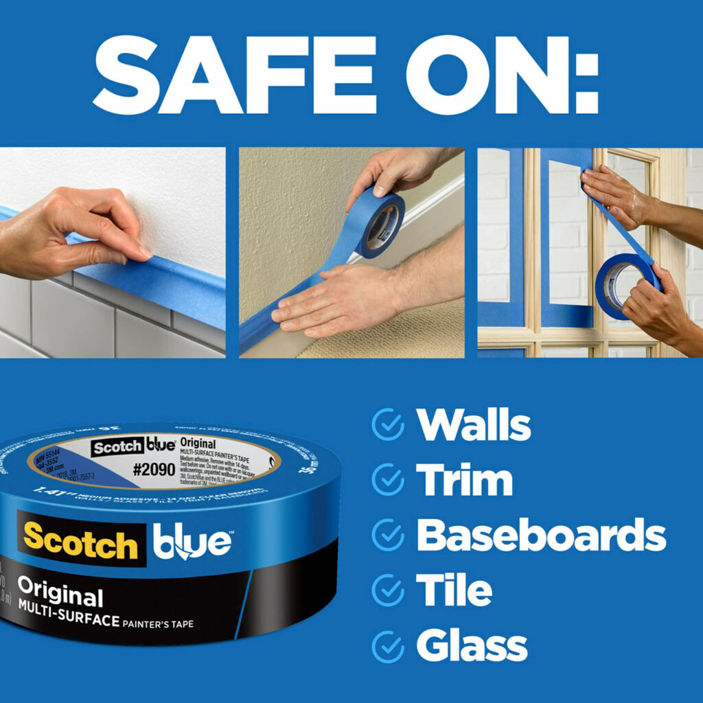 ScotchBlue Original Multi-Surface Painters Tape, 2 Inch Wide (1.88 in. x 60 Yds), 3 Rolls, Blue Paint Tape Protects Surfaces and Removes Easily, Masking Tapes for Indoor and Outdoor Use (2090-48EP3)
