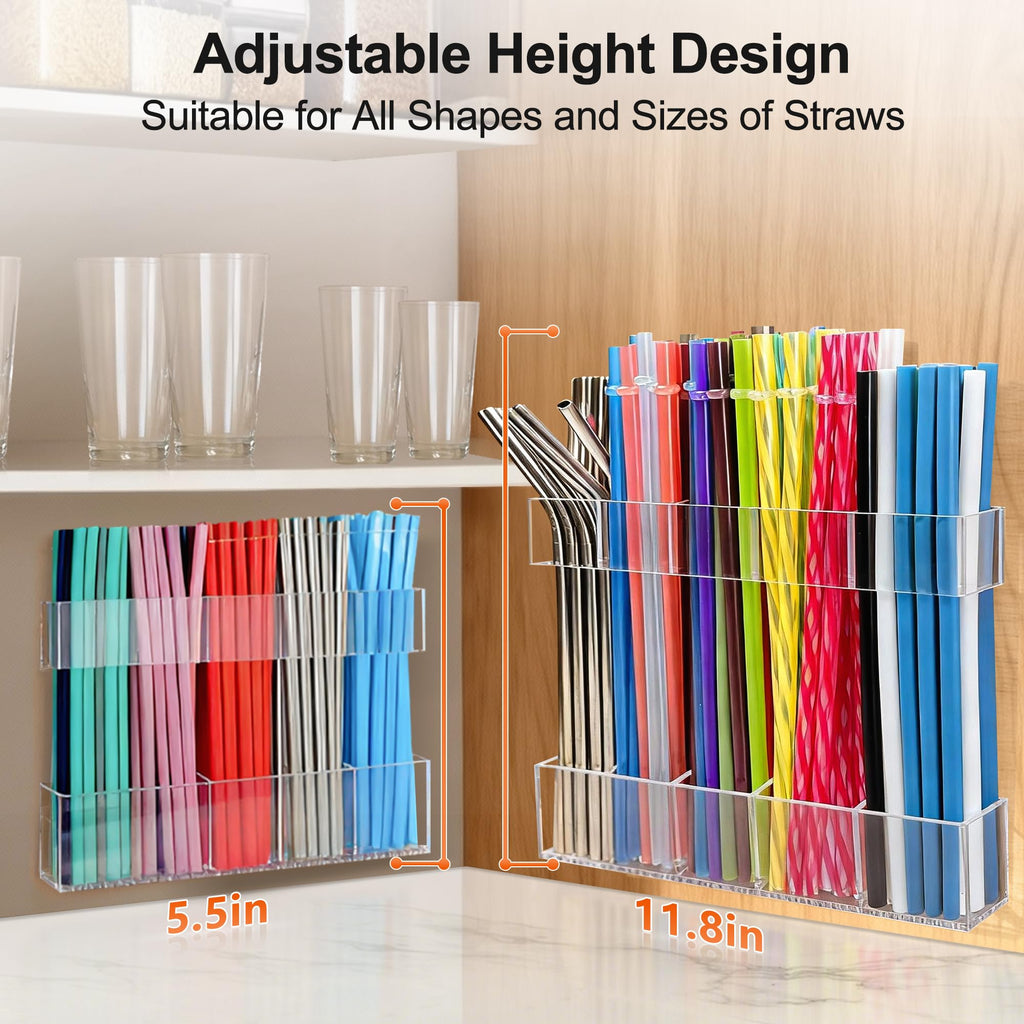 Rycid 9.5” Large Acrylic Straw Holder for Cabinet Door, Reusable Adjustable Two-Part Straws Organizer with Ultra Sticky Adhesive Strips, 2026 Straw Storage for Kitchen Cupboard (Transparent)