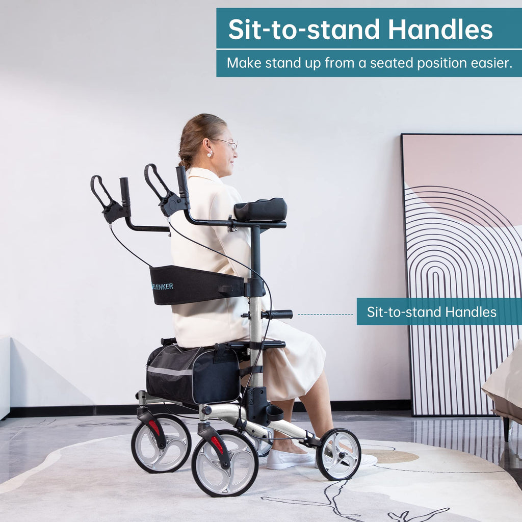 ELENKER Upright Walker, Stand Up Folding Rollator Walker with 10” Front Wheels Backrest Seat and Padded Armrests for Seniors and Adults, Silver